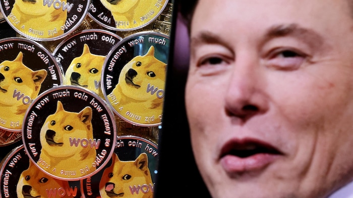 Un montage photo où on voit une représentation de dogecoins en tant que jetons physiques, avec une photo du visage d'Elon Musk.