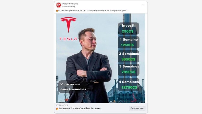 Une publicité qui comporte le logo de Tesla et le visage de son patron, Elon Musk, promet aux Canadiens qu'ils pourront faire beaucoup d'argent.