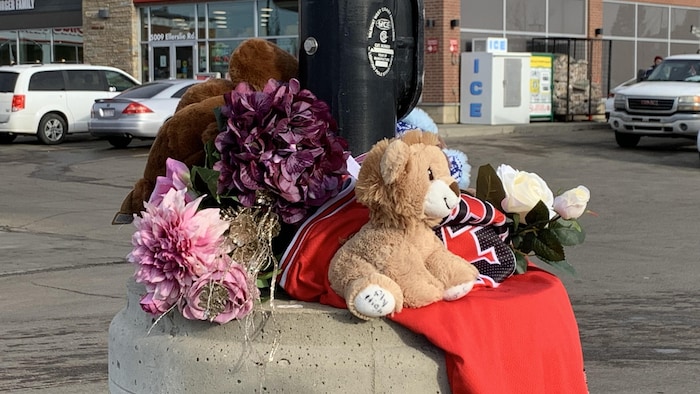 Un mémorial constitué de peluches, de fleurs et d'un chandail se trouve sur la scène du crime.