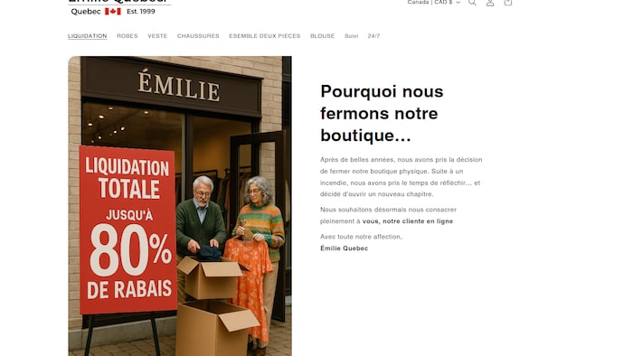 Capture d'écran du tract  web d'Émilie Québec, qui montre une devanture de magasin et un mates  âgé, générés par quality   artificielle. 