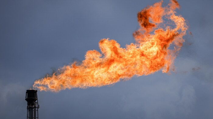 Une torchère brûle un excès de gaz dans une installation de traitement près de Crossfield (Alberta), le mardi 13 juin 2023.