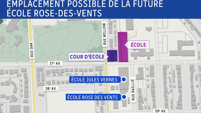Carte d'une partie de Vancouver où on voit l'emplacement du projet de la nouvelle école par rapport à l'emplacement actuel. 
