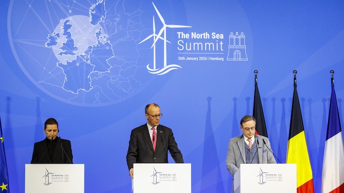 Les dirigeants du Danemark, de l'Allemagne et de la Belgique devant des micros. 