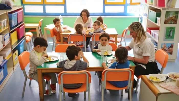 Des enfants assis à des tables avec des éducatrices. 