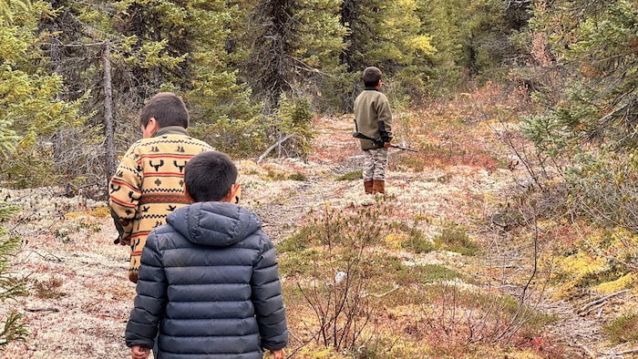 Trois enfants marchent en forêt, ils portent des petits fusils. 