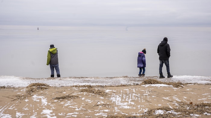 Des enfants et un adulte de dos à l'extérieur regardant vers l'eau d'un lac.