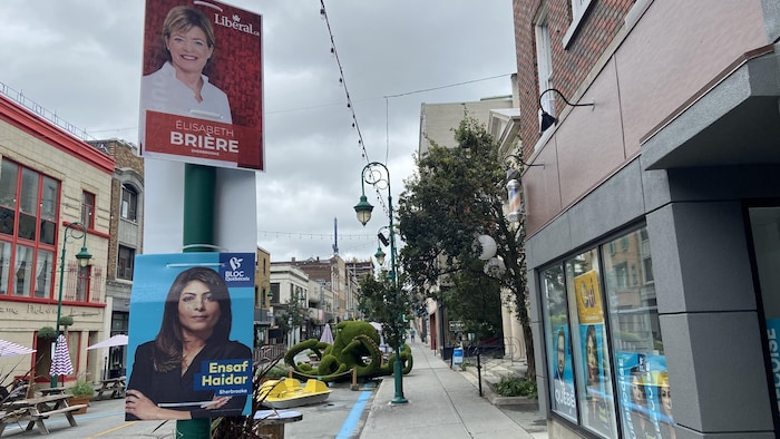 Deux pancartes électorales accrochées à un poteau dans la rue.