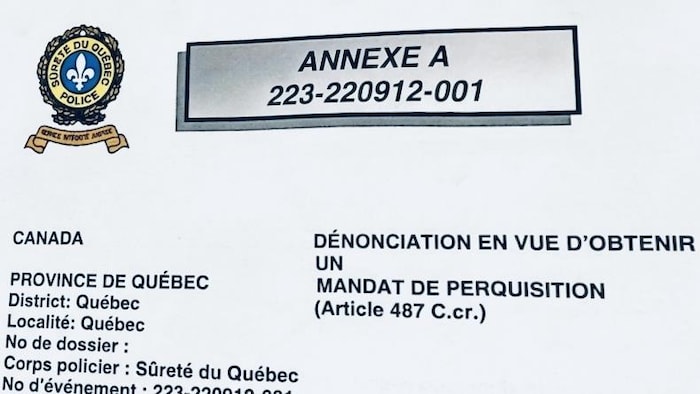L'entête d'un mandat de perquisition.