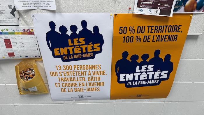 Des affiches et des macarons des Entêtés de la Baie-James sur un babillard.