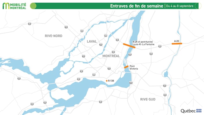 Une carte de l'île de Montréal montre où auront lieu des travaux routiers.