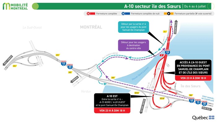 Une carte indique l'emplacement des fermetures sur l'autoroute 10 à la hauteur de l'île des Sœurs.