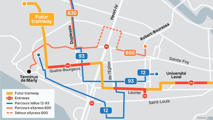Carte de parcours d'autobus et le tracé du futur tramway.