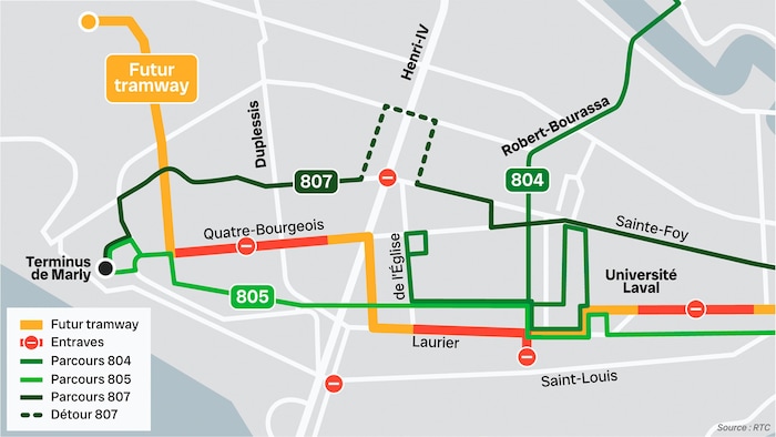 Carte avec des trajets d'autobus et un trajet de tramway sur lequel est indiqué des entraves routières. 