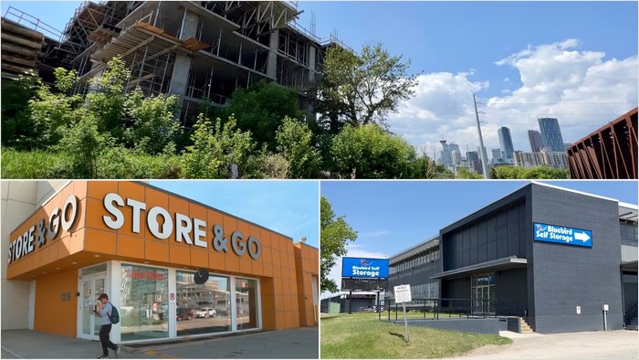 Trois images d'immeubles d'entreposage.