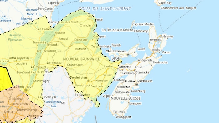 Une carte des veilles d'orage violent au Nouveau-Brunswick. 