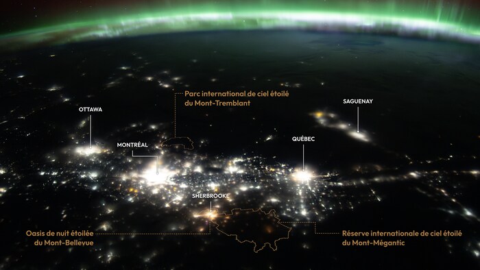 L’environnement nocturne tel que capturé par la Station Spatiale internationale, identifiant Ottawa, Montréal, Québec et Saguenay.