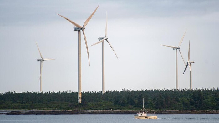Cinq éoliennes surplombent une forêt près d'un cours d'eau où un petit bateau de pêche se promène.