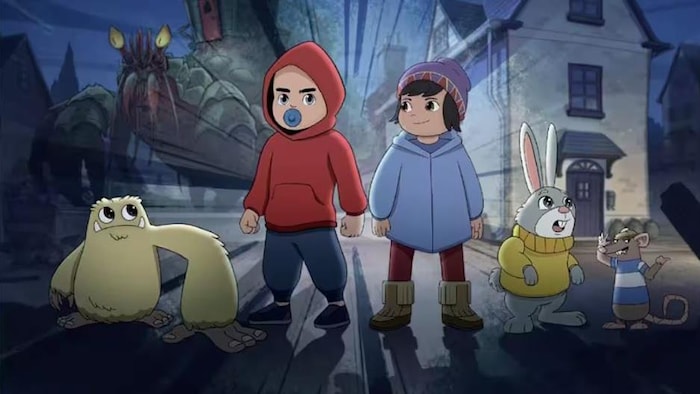 Deux enfants, un lapin et un monstre.