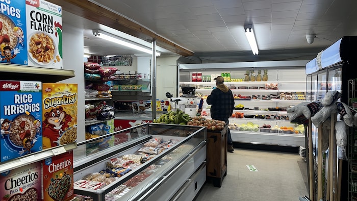 Une personne devant des frigos à l'épicerie.