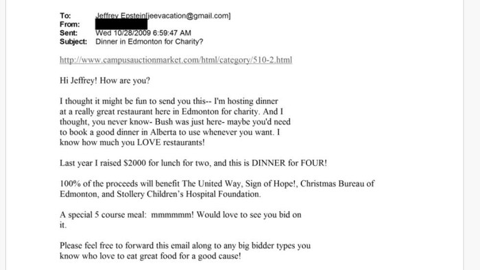 Un courriel d'une personne qui semble être un employé de CBC adressé à Jeffrey Epstein.