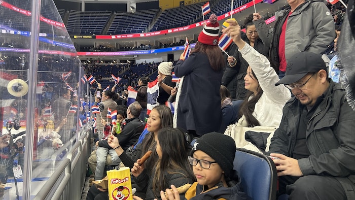 Une foule encourage lors d'un match de hockey.