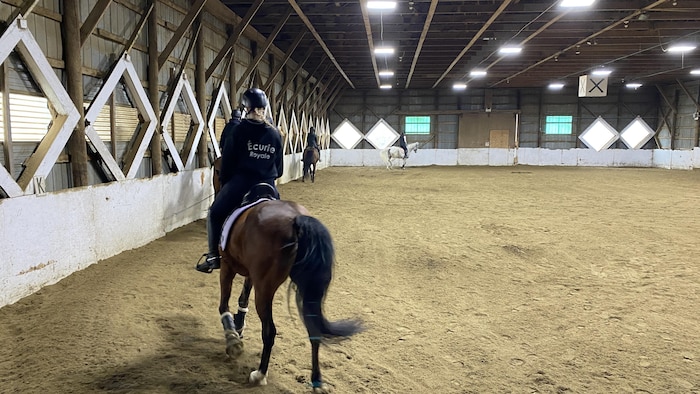 Quatre jeunes sur des chevaux galopent dans un manège intérieur.