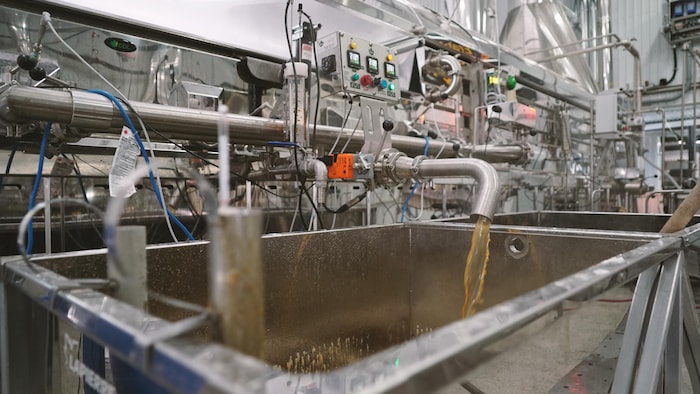 De l'eau d'érable est convertie en sirop d'érable.