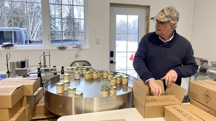 Sylvain Néron place des contenants de beurre d'érable dans des boîtes en carton.
