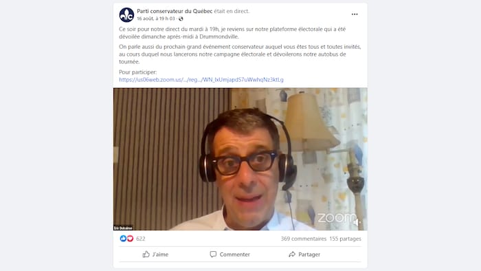 Capture d'écran d'une diffusion en direct d'Éric Duhaime sur la page Facebook du Parti conservateur du Québec.