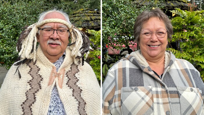W̱IĆKINEM (Eric Pelkey), chef héréditaire de la Première Nation Tsawout et Kwa Kwyem Tomolx, Denise Smith, directrice du territoire et des ressources pour la Nation Tla’amin.