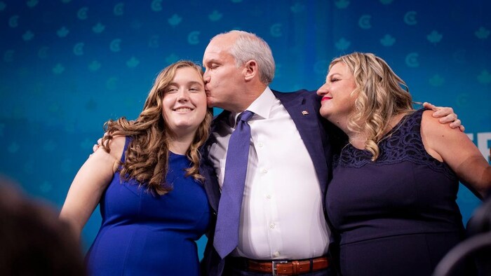 O’Toole is seen with his wife, Rebecca, and daughter, Mollie, during the election night event at the Tribute Communities Centre.