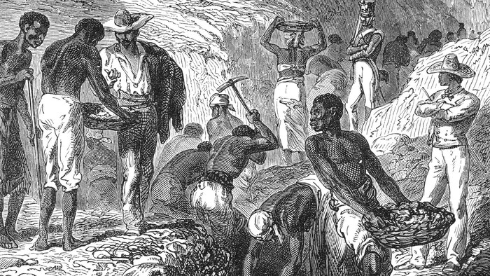 Quatre millions de personnes ont été réduites en esclavage en Afrique et amenées en Amérique latine au cours des 15e et 16e siècles. L'illustration représente des esclaves au Brésil travaillant dans une mine de diamants, en 1872.