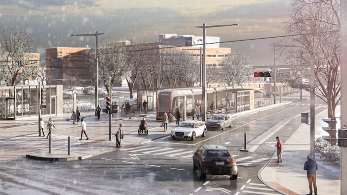 Une esquisse montrant le tramway immobilisé à la station Hôpital de l’Enfant-Jésus en hiver.
