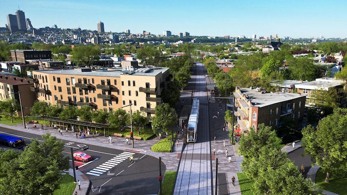 Esquisse du projet de tramway montrant une rame qui circule à l’approche de la station Cégep Limoilou, en été.