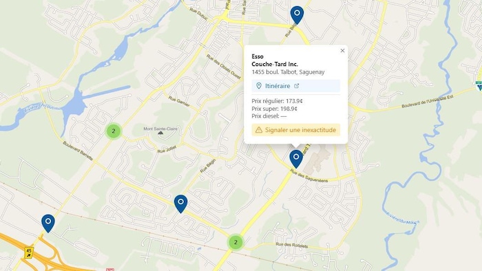 Un carte de la Ville de Saguenay sur laquelle sont identifiées les stations-service.