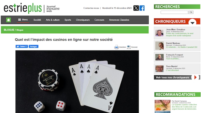 Caputre d'écran du site Estrie plus. L'article s'intitule: "Quel est l'impact des casinos en ligne sur notre société".