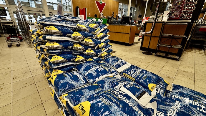 Un étalage de sacs de sels de déglaçage dans un commerce.