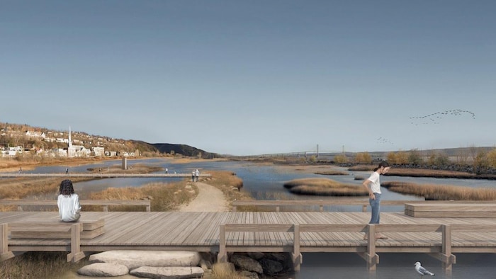 Des gens circulent sur une passerelle qui surplombe des étangs. 