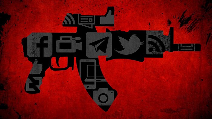 Illustration de Sophie Leclerc montrant une arme à feu formée de logos de réseaux sociaux populaires.