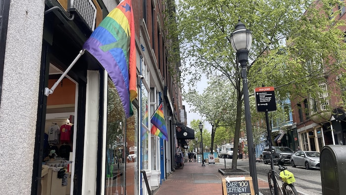 Un centre-ville avec des drapeaux de la communauté LGBTQ+.