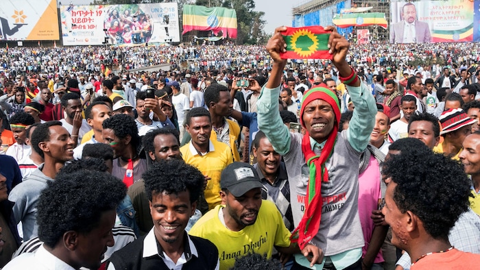 Un Éthiopien brandit un drapeau de son pays lors d,Une manifestation d'appui à la paix.