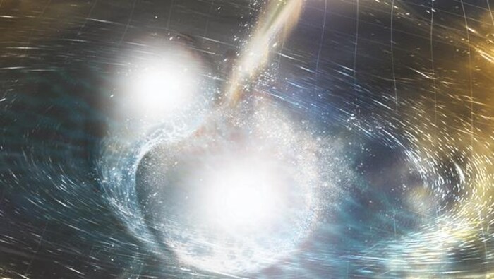Représentation artistique de la fusion de deux étoiles à neutrons. La grille spatiotemporelle qui ondule représente les ondes gravitationnelles résultant de la collision.