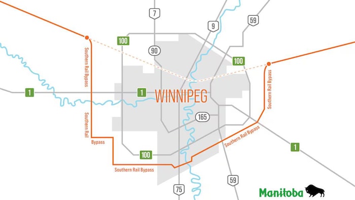 Une carte de Winnipeg présentant un projet de contournement au sud de la ville.