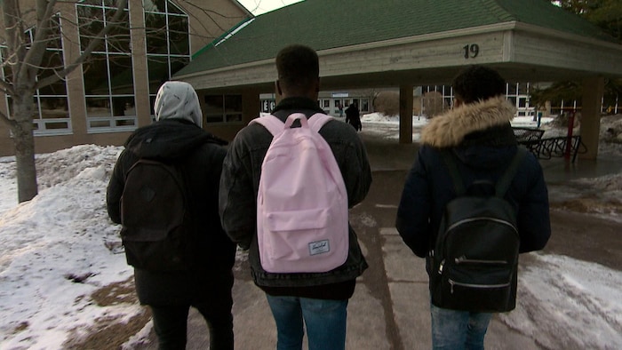 صورة من الخلف لثلاثة طلاب يمشون في حرم جامعة مونكتون.