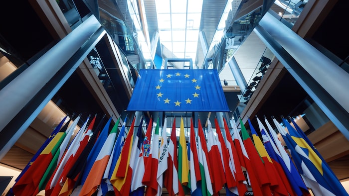 Les drapeaux des États membres de l'Union européenne sont exposés dans l'atrium du bâtiment du Parlement européen à Strasbourg, en France.