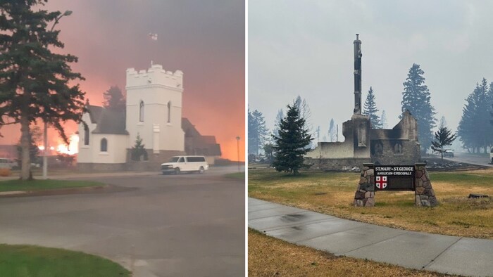 Montage photo de l'église anglicane de Jasper entourée de flammes à Jasper, le 24 juillet 2024, et d'une photo de l'église brûlée le 25 juillet.