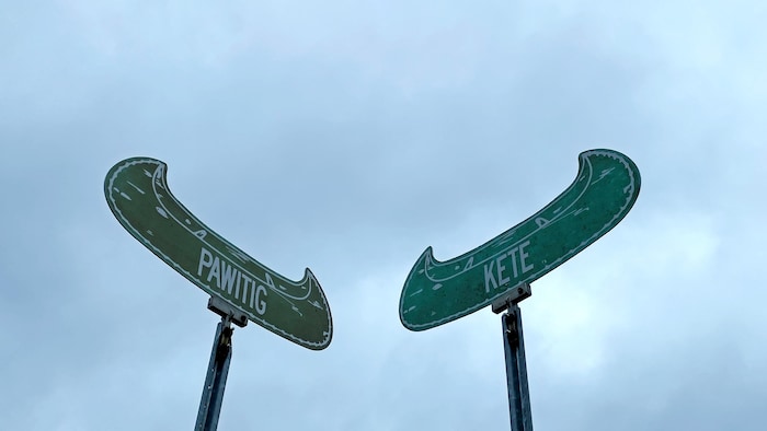 Deux panneaux de rue en forme de canots avec deux noms de rues.