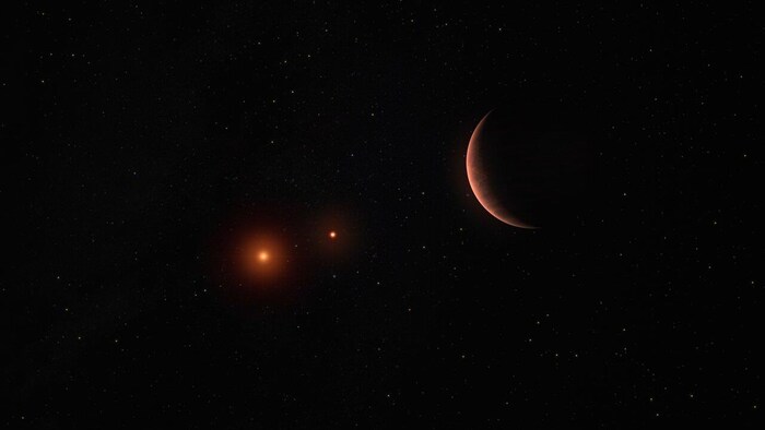 Illustration montrant une exoplanète en orbite autour de deux naines brunes.