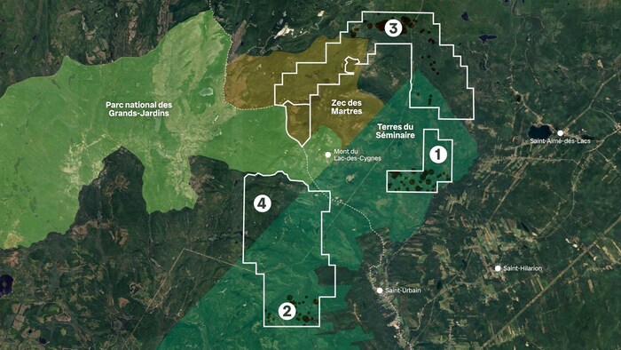 Carte montrant les sites potentiels de mines, de même que les limites des Terres du Séminaire, la zec des Martres et le parc national des Grands-Jardins.