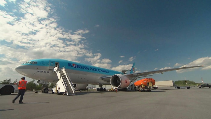 Un avion-cargo de Korean Air Cargo posé sur la piste.